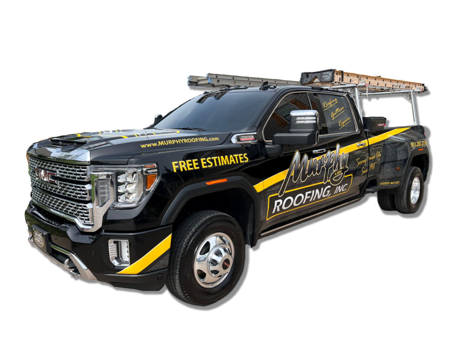 Murphy & Sons Roofing truck arriving to provide roof insurance claim help in Kansas City